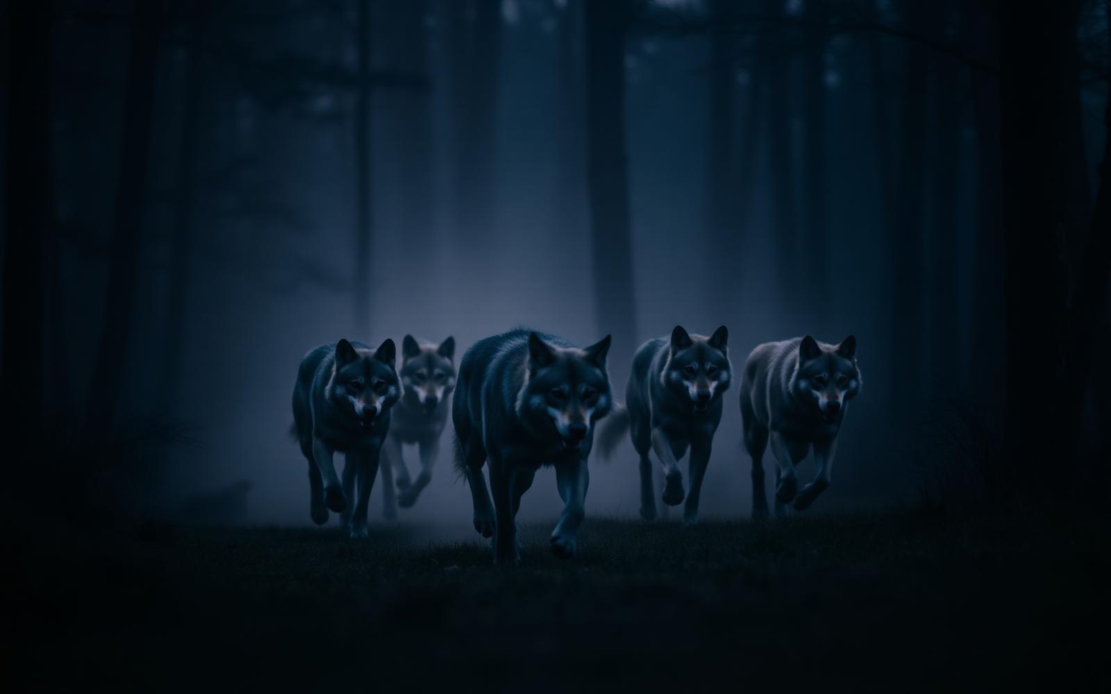 A pack of wolves running through misty forest